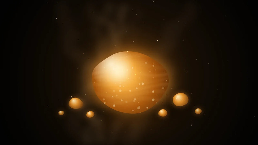 Leuchtender goldener Amberstein mit Harztropfen und Duftnebel auf dunklem Hintergrund