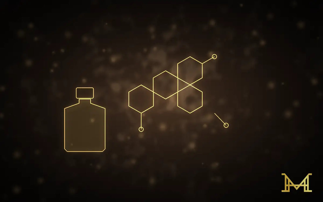 Duftmoleküle in Gold auf dunklem Hintergrund, Wissenschaft des Riechens
