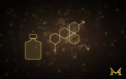 Duftmoleküle in Gold auf dunklem Hintergrund, Wissenschaft des Riechens